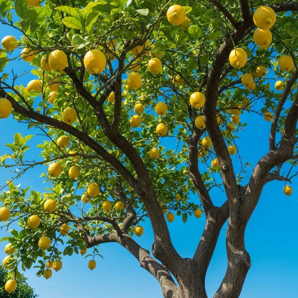 Mature lemon tree with bright yellow fruit